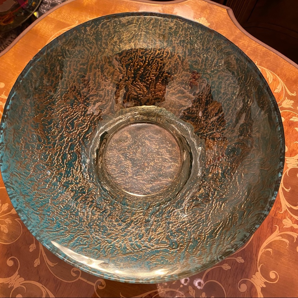 Contemporary Gold Blue Crackled Veined Surf Textured Bowl